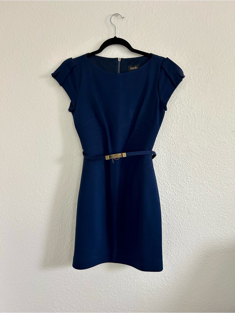 Laundry by Shelli Segal Navy Belted Cap-Sleeve Dress